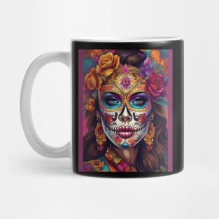 Colorful Remembrance: Woman's Stunning Sugar Skull Makeup Mug